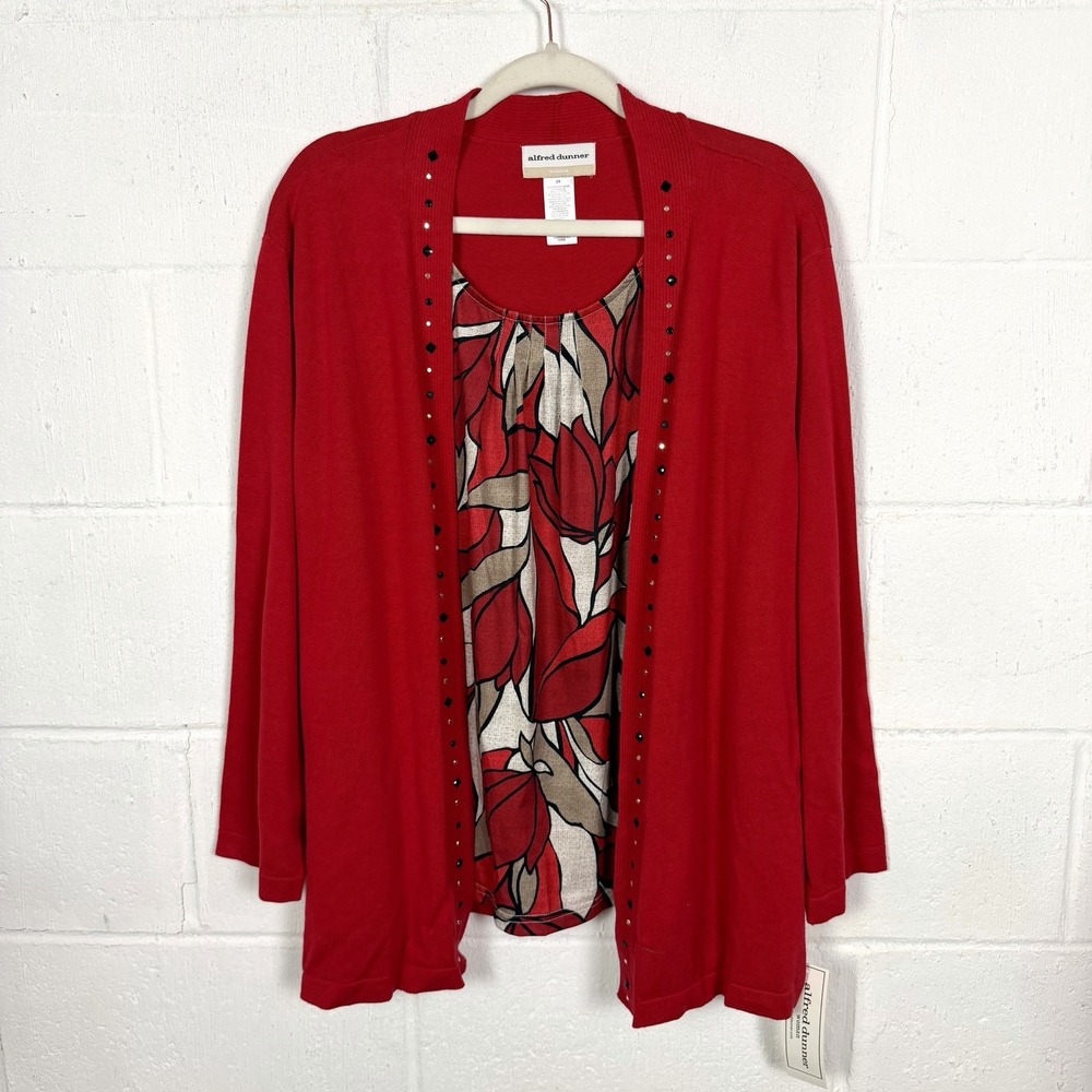 Alfred Dunner NWT Sweater Twofer Plus Size 2X Red Cardigan Floral Sequins Office